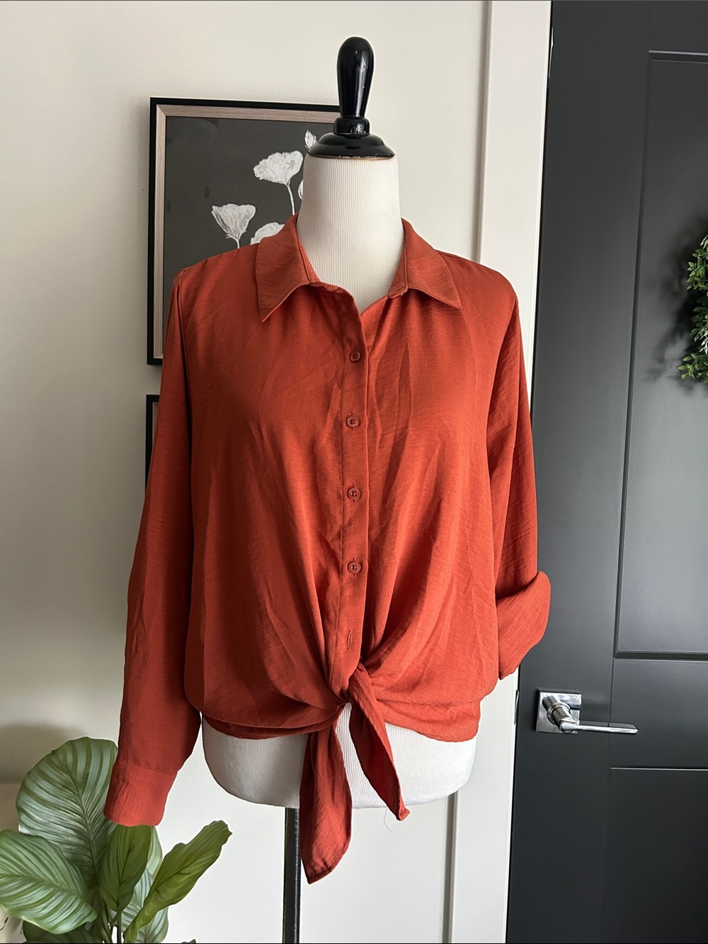 🍁 L copper Rust Tie-Front Button-Up long or roll sleeve Shirt